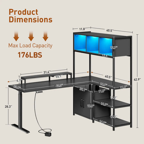 Full On Game Changer Electric Dual Motor L Shaped Standing Desk With Extra Storage Hutch dimensions and load capacity illustration.