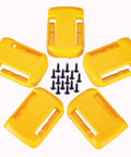Yellow heavy duty tool holder and battery mount wall organizer kit components showing tool holders and screws.