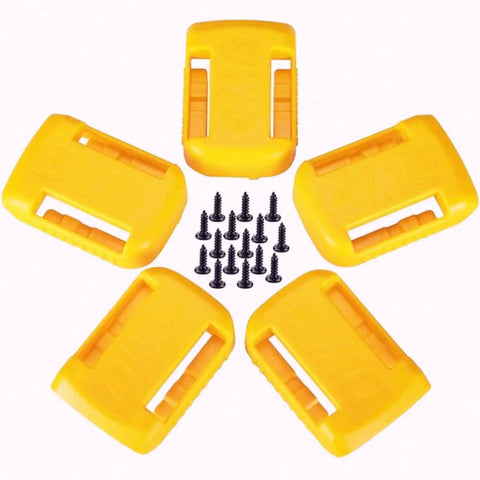 Yellow heavy duty tool holder and battery mount wall organizer kit components showing tool holders and screws.