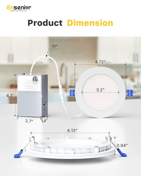 Dimensions of Six Pack 4 Inch LED Recessed Light Dimmable 5000K Daylight 750LM Ultra Thin Canless Wafer Ceiling Light Fixture