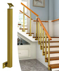 Heavy Duty Metal Staircase Balusters Side Mount Railing Kit Hella Sturdy Iron Posts With Fresh Gold Coating and Full Height Adjustments for Decks Porches Lofts and Steps Game Changing Install Includes Twenty 48 Inch Bars in a stylish staircase setting.