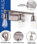 Three Light Brushed Nickel Bath Vanity Fixture Up Down Wall Sconce with E26 base and universal mounting plate.