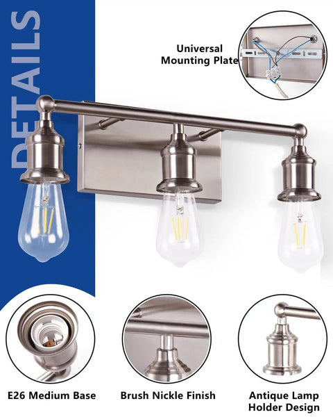 Three Light Brushed Nickel Bath Vanity Fixture Up Down Wall Sconce with E26 base and universal mounting plate.