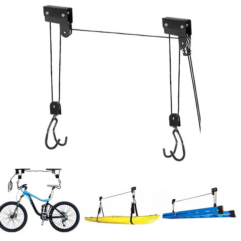 Heavy Duty Ceiling Hoist Pulley System With 60kg Capacity Overhead Bike Rack And Kayak Hanger, showing rubber-coated hooks.