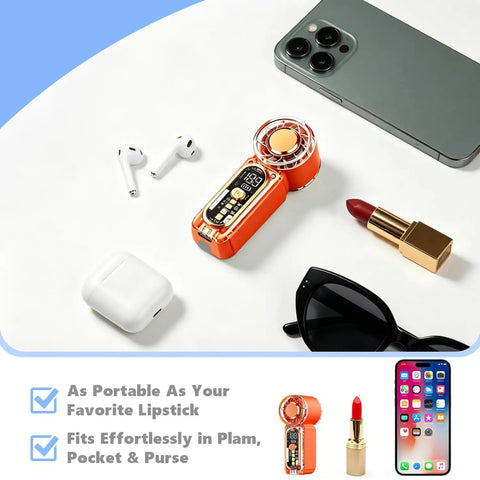 Beast Portable Handheld Fan On The Go With USB-C Rechargeable Battery beside lipstick and phone on table.