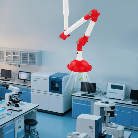 Heavy Duty Laboratory Exhaust Vent For Fume Extraction In Labs, Easy Ceiling Install, red PP housing in modern lab.