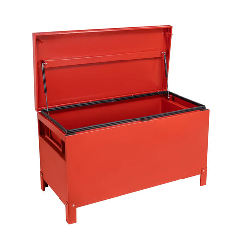 Heavy Duty Steel Jobsite Storage Box And Tool Chest Xxl Large 36 Inch Burgundy Truck Bed Rack Organizer With Four Inch Legs For Built Tough Worksite Performance And Quick Moves