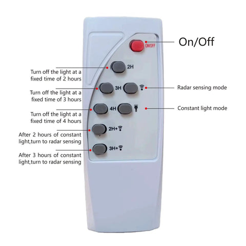 Remote control for Super Bright 200W Solar Street Lights Outdoor With Motion Sensor, features on/off and timer buttons.
