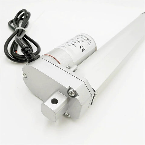 Job Site Ready Electric Linear Actuator 12V Or 24V DC Motor 800MM Stroke, silver gearbox with connecting wire, heavy duty design.