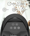Close-up of Portable Ceramic Space Heater With Digital Display And Touch Controls, showcasing control buttons and built-in handle.