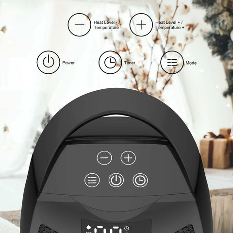 Close-up of Portable Ceramic Space Heater With Digital Display And Touch Controls, showcasing control buttons and built-in handle.