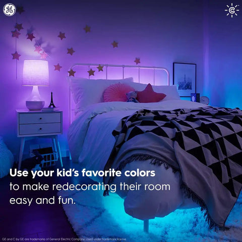 Bedroom with Cync Smart Home Starter Kit With Color Changing LED Bulb And Wireless Dimmer Switch, purple and blue lighting