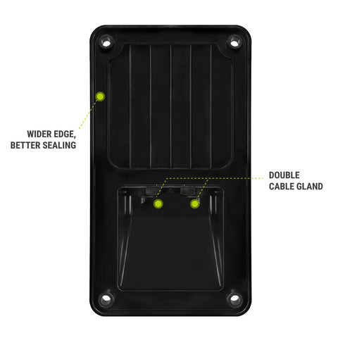 Front view of Solar Double Cable Entry Gland Box Waterproof Dual Wire Connector Adapter Housing Plate ABS Mount For Marine Use RVs Caravans Boats Easy Install No Drilling Required, showing wider edge and double cable gland.