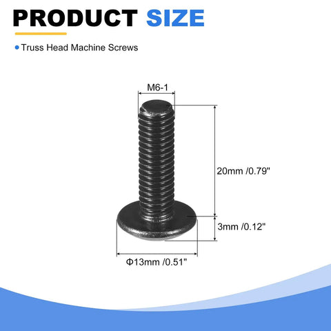 Diagram of M6 1 x 20mm Truss Head Phillips Machine Screws Full Thread Black Oxide Finish 304 Stainless Steel dimensions