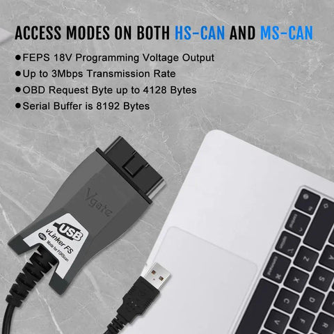 FS USB OBD2 Car Diagnostic Tool Code Reader For FORScan Adapter near laptop with USB connector.