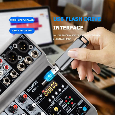 Five Channel USB Bluetooth Audio Mixer With Dope Echo Delay Effects And 48V Phantom Power, USB flash drive interface