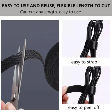 54 Yards Of One Half Inch Reusable Cable Ties For Easy No Fuss Cable Management being cut and bundled with cords