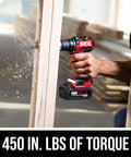 Pwr Core 20 Brushless 20V Compact Drill Driver in action, wood drilling, showcasing power, 450 in-lbs torque, ideal for tight spaces.