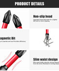 Close-up of 12 Pack Phillips Bits And Magnetic Screwdriver Bit Set With Heavy Duty S2 Steel PH2 Drill Bits detailing non-slip design and magnetic tips.