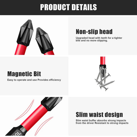 Close-up of 12 Pack Phillips Bits And Magnetic Screwdriver Bit Set With Heavy Duty S2 Steel PH2 Drill Bits detailing non-slip design and magnetic tips.