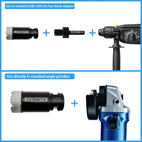 Heavy Duty Pro Grade 1-1/4 Inch Diamond Core Drill Bit For Dry Or Wet Tile Cutting with hex shank adapter and angle grinder