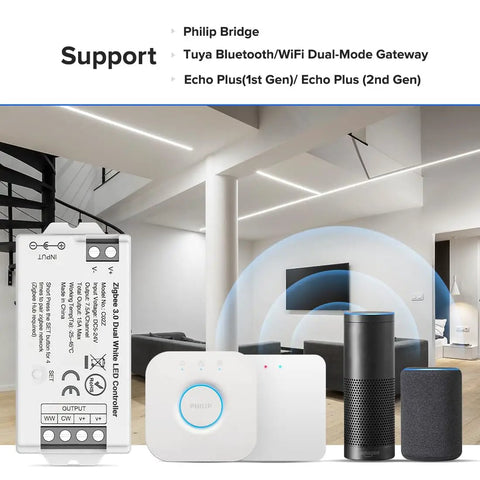 C02Z Tuya Zigbee 3.0 LED Controller with Echo Plus and Philips Hue Gateway setup in modern living room.