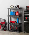 Built Tough Four Tier Plastic Storage Shelf Black Freestanding Rack With No Sweat Setup For Garage Kitchen Pantry Closet And Bathroom Holds An Awesome 280 Pounds with tools and containers on shelves.