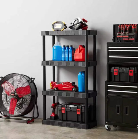 Built Tough Four Tier Plastic Storage Shelf Black Freestanding Rack With No Sweat Setup For Garage Kitchen Pantry Closet And Bathroom Holds An Awesome 280 Pounds with tools and containers on shelves.
