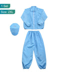 Real Deal ESD Anti Static Lab Coat Built Heavy Duty For The Shop Floor Conductive Thread Work Jacket With Lapel Collar And Matching Cap Smooth Fit Pick For Unisex Tech And Chemical Crews in blue, size 2XL, set includes coat and pants.
