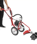 Person using Gas Powered Tiller With Wheels 63cc 4 Stroke Cultivator 4HP Mini Rototiller For Mowing Tilling And Trenching 3 In One