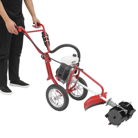 Person using Gas Powered Tiller With Wheels 63cc 4 Stroke Cultivator 4HP Mini Rototiller For Mowing Tilling And Trenching 3 In One