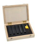 Five Piece Metal Lathe Cutting Tool Set With 10 mm Shank Indexable Turning Bits Carbide Inserts For CNC Machining in wooden case.