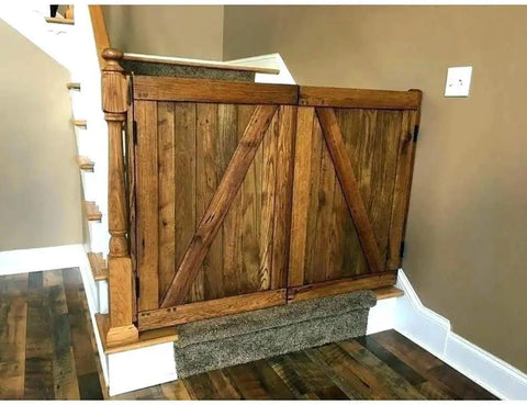 Wooden stairway gate resembling six inch double action self closing swing door hinges two way opening for cafe kitchen and bar doors.