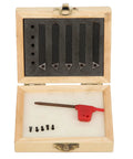 Front view of five-piece 1/4in indexable turning tool set with carbide inserts in a wooden box.