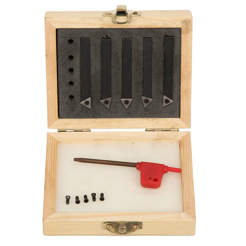 Front view of five-piece 1/4in indexable turning tool set with carbide inserts in a wooden box.