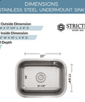 Dimensions of Beefy 23 Inch Undermount Single Bowl Kitchen Sink With Round Drain 18 Gauge Stainless Steel Deep 9 Inch Basin Strainer