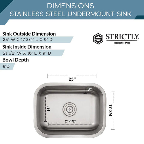 Dimensions of Beefy 23 Inch Undermount Single Bowl Kitchen Sink With Round Drain 18 Gauge Stainless Steel Deep 9 Inch Basin Strainer
