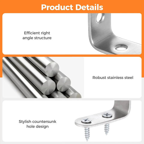 Heavy Duty Stainless Steel L Brackets Set With Screws, showcasing right-angle structure and robust countersunk design