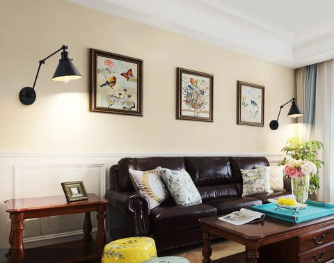 Living room with Swing Arm Wall Lamp Set Of 2, Adjustable Black Wall Sconce Hardwired, modern task lighting and decor