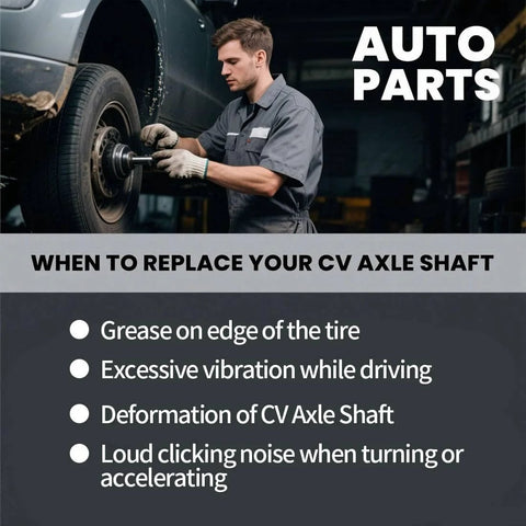 Mechanic inspecting CV axle shaft with list of signs for replacement in auto repair shop.