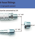 Seven Piece One Half Inch NPT Air Coupler Plug Set For Air Compressors And Hoses With Quick Connect Fittings, Zinc Plated Beefy Durability, Leak Free Seals, Broad Half Inch NPT Compatibility, Garage Or Shop Ready For DIY Pros. 1/2 NPT air hose fittings with 3/4 NPT adapter