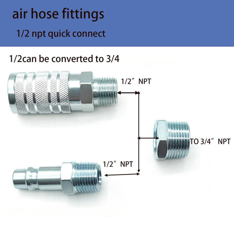 Seven Piece One Half Inch NPT Air Coupler Plug Set For Air Compressors And Hoses With Quick Connect Fittings, Zinc Plated Beefy Durability, Leak Free Seals, Broad Half Inch NPT Compatibility, Garage Or Shop Ready For DIY Pros. 1/2 NPT air hose fittings with 3/4 NPT adapter