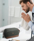 Mens Travel Toiletry Organizer Bag With Canvas And Leather Dopp Kit Water Resistant Shaving Case Wet Pocket For Damp Items Large Green Travel Essentials For On The Go