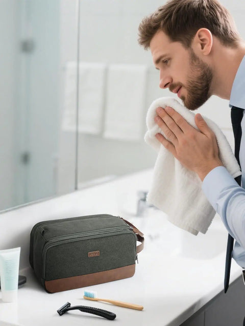 Mens Travel Toiletry Organizer Bag With Canvas And Leather Dopp Kit Water Resistant Shaving Case Wet Pocket For Damp Items Large Green Travel Essentials For On The Go