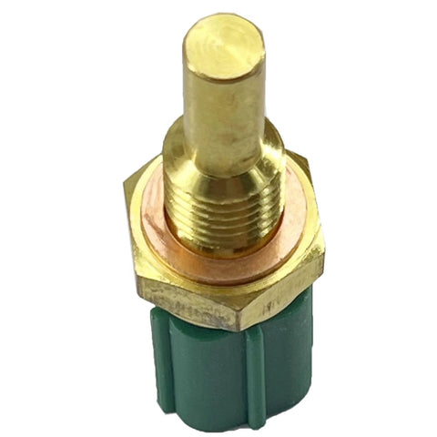 Engine coolant temperature (ECT) sensor with brass threaded stem and green plastic connector, front view