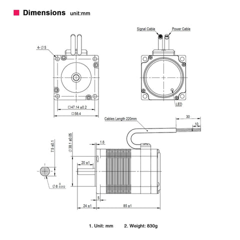 Technical diagram of Nema 23 Integrated Servo Stepper Motor with dimensions and cable lengths.