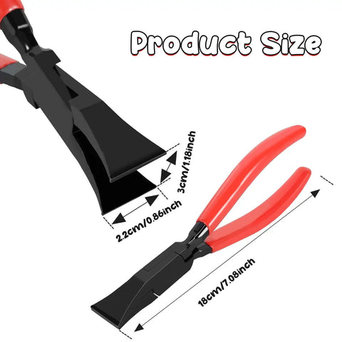 Beefy Heavy Duty Metal Sheet Bender Plier For Quick Straight Edges And 45 Degree Bends, shown with measurements and red handles