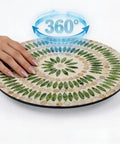 Hand on 13.5 Inch Mother Of Pearl Lazy Susan Rotating Tray Handcrafted Turntable. Green and cream design, 360-degree rotation.