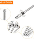 25 Pack 1/4 Inch 1/2 Grip 304 Stainless Steel Large Flange Round Head Blind Rivets Rock Solid Heavy Duty Open End Fasteners detail view