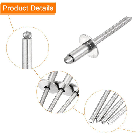 25 Pack 1/4 Inch 1/2 Grip 304 Stainless Steel Large Flange Round Head Blind Rivets Rock Solid Heavy Duty Open End Fasteners detail view